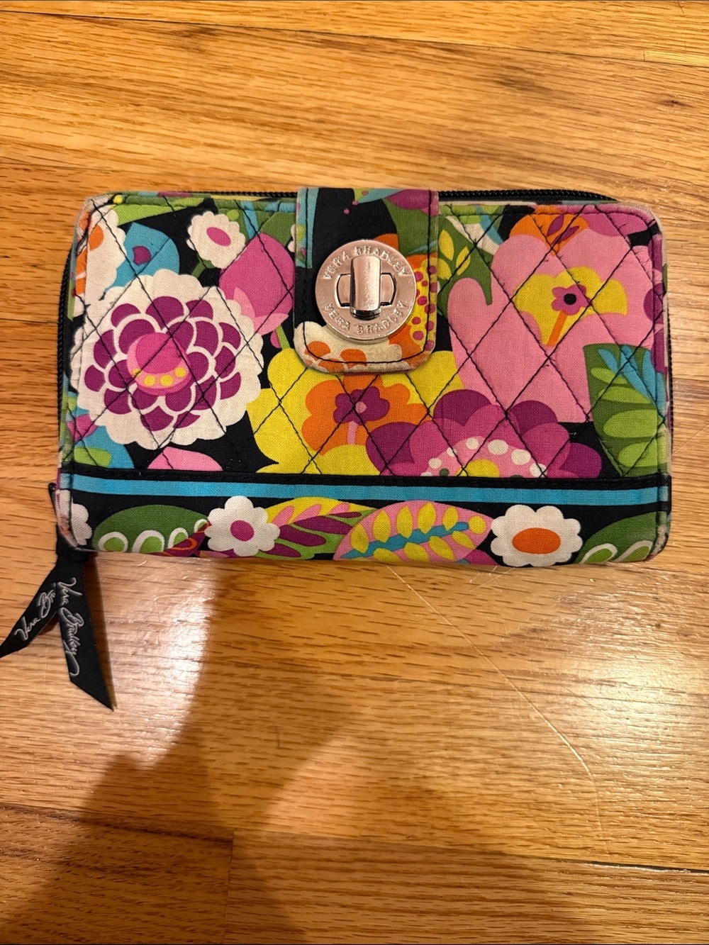 Vera Bradley Quilted Floral Zip Wallet in Black, Pink, Yellow & Green